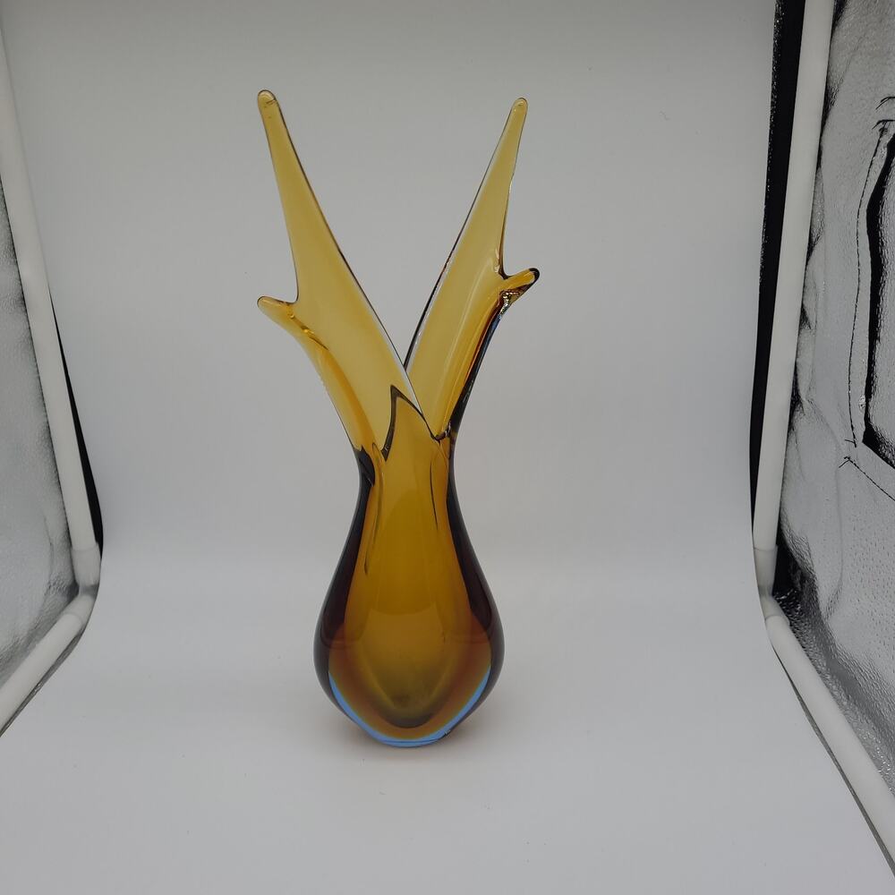 Amber Brown Hand Blown Art Glass Vase Freeform Branch Bud Vase